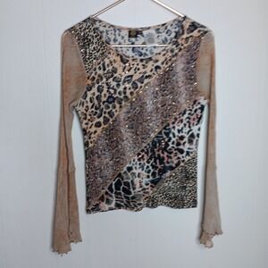 Y2K Bila Blouse PM Brown Black Animal Print Sequin Beaded Bell Sleeve Fairycore